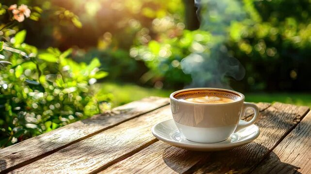 a cup of coffee on an empty table in the garden. Selective focus