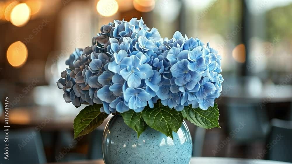 Poster a beautiful arrangement of blue hydrangeas in a ceramic vase is the centerpiece of a table in a rest