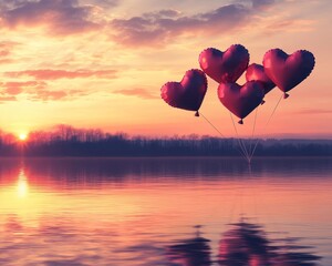 Fototapeta premium Romantic Sunset with Heart Balloons Reflecting on Water Surface