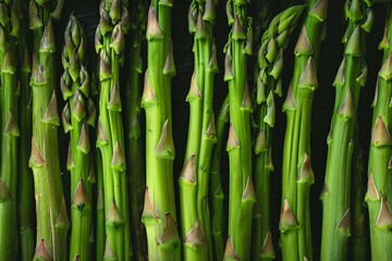 Fototapeta premium Freshly harvested asparagus spears are bundled together, creating an interesting textural background