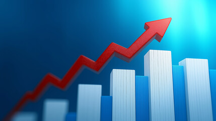 Red arrow growing over increasing bar graph depicting business success