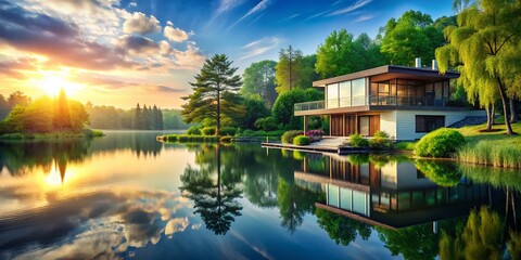 Fototapeta premium Serene Lakefront Modern Home: Tranquil Waterside Living Stock Photo