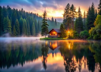 Serene Lakeside Cabin Dawn Mist - Misty Forest Lake House Stock Photo