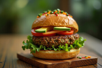Delicious homemade burger with veggies from alternative meats