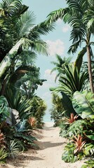 Fototapeta premium Tropical pathway adventure lush jungle nature sunlit environment serene viewpoint enigmatic concept