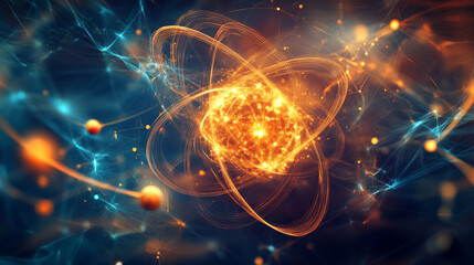 Physics of particles. Silhouette of an atom consists of small circles.