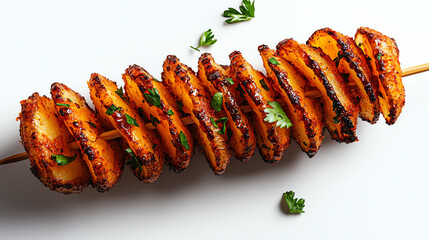 Closeup of savory potato spiral skewers, crispy and golden, vibrant street fair