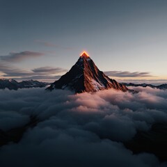 Majestic Mountain Peak Surrounded by Clouds at Sunset