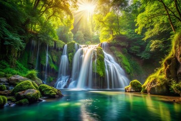 Obraz premium Serene Overflowing Waterfall in Lush Green Forest Landscape