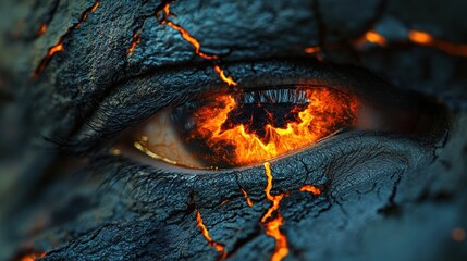 Fiery eye, volcanic texture, close-up, inferno reflection, fantasy art