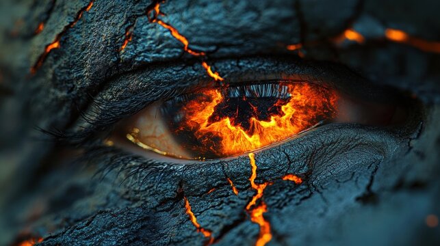 Fiery eye, volcanic texture, close-up, inferno reflection, fantasy art