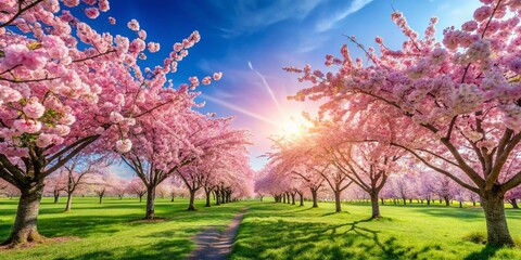Serene Spring Park: Vibrant Cherry Blossom Landscape with High Depth of Field