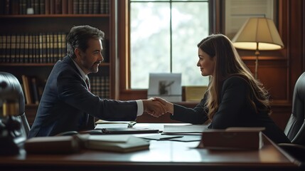 Fototapeta premium Professional meeting in a law office, featuring a man and a woman in formal attire shaking hands across a wooden desk, surrounded by legal books and warm lighting