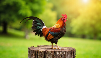 Colorful hen settled comfortably on a tall tree stump in a vibrant garden landscape