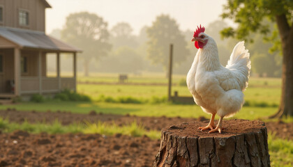Fototapeta premium Large white chicken perched on a wide tree stump in a rural farmyard with morning mist