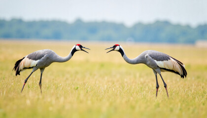Obraz premium Two cranes facing each other while calling as a duet in an open grassland setting