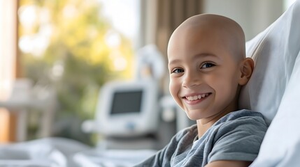 A smiling boy with a shaved head rests in a hospital bed, with blurred medical equipment in the background and warm natural light filling the room. World Cancer Day