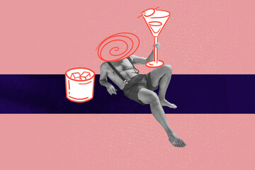 Sketch image trend artwork montage photo collage of relax cocktail beverage toast holiday headless...