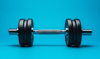 Fototapeta premium Black dumbbells on a blue background
