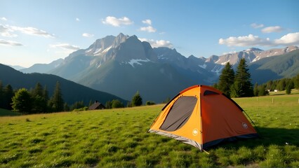 A bright orange tent set on a lush green meadow with a stunning backdrop of snow-capped mountains and a clear blue sky, evoking serenity, adventure, and a love for nature.