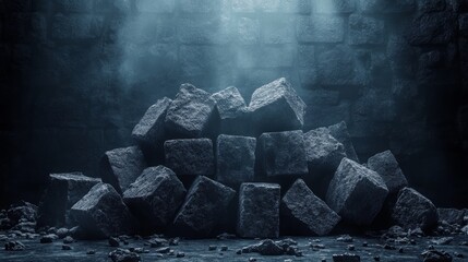 A pile of rubble with a dark blue sky in the background