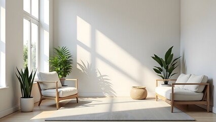 A minimalistic living space with natural light, wooden furniture, white cushions, indoor plants, and a serene atmosphere, creating a relaxing and modern interior design.
