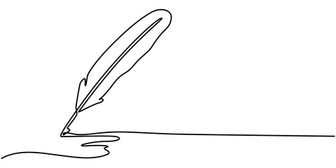 Continuous one simple single abstract line drawing of vintage fountain pen with inkwell icon in silhouette on a white background. Linear stylized, Continuous one simple single abstract line drawing.