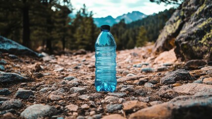 Clear Water Bottle on Rocky Trail in Nature