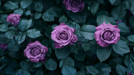 Top-Down Shot of Violet Roses with Fresh Green Leaves at the End of Every Title