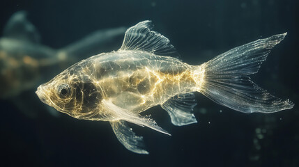 Fish hologram. Holographic projection fish. Flickering energy flux of particles. The scientific design of fish