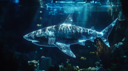 Hologram shark. A holographic projection of a shark. Flickering energy flux of particles. Scientific design water world.