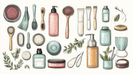 Various beauty and personal care products arranged artistically on a neutral background for a natural look