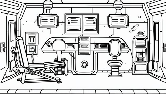 A spaceship interior coloring page featuring a control panel, exercise equipment, and retro-futuristic details. Perfect for kids and sci-fi enthusiasts to personalize their space adventures.