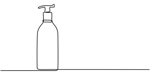 Cosmetic container bottle with pump dispenser vector. One line continuous drawing illustration. Hand drawn linear silhouette icon. simple vector sketch liquid soap and spray or sanitizer bottle single