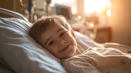 A smiling boy rests in a hospital bed, with blurred medical equipment in the background and warm natural light filling the room.