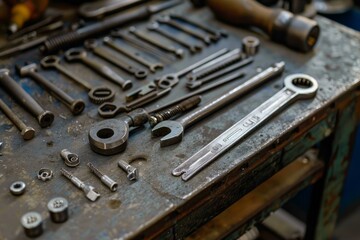 Fototapeta premium Variety of tools laying on workbench in workshop, mechanic preparing for work