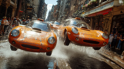 Two vintage orange sports cars airborne, splashing through a city street puddle during a sunny day, surrounded by a crowd of onlookers.