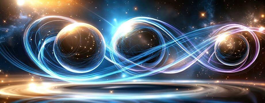 Abstract Cosmic Visuals Depicting Gravitational Interaction of Three Bodies, a light painting visual featuring intertwining streams of blue and purple lights forming dynamic orbital patterns