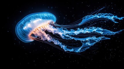 Fototapeta premium Glowing jellyfish in deep sea, illuminated by starry night sky.
