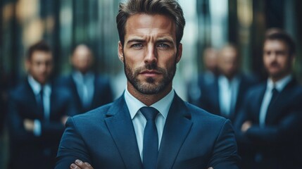 Fototapeta premium Confident Businessman Leader With Team In Background