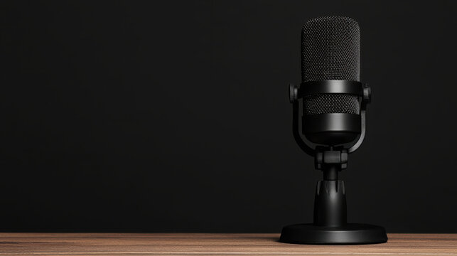 Podcasts recording, Desktop microphone on table in studio environment, black background, copy space