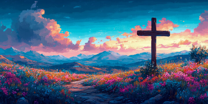 Serene mountain vista at sunset, a wooden cross stands in a vibrant wildflower meadow, path leading towards majestic peaks under a colorful sky