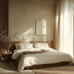 Home interior, modern bedroom, Minimalist bedroom with armchairs, a low-profile bed, and a headboard made from reclaimed wood. with pops of beige in the cushions and throw blankets.