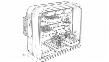 Automated indoor garden sketch. Ideal for small spaces and beginner gardeners. Grow herbs and vegetables year-round with minimal effort.
