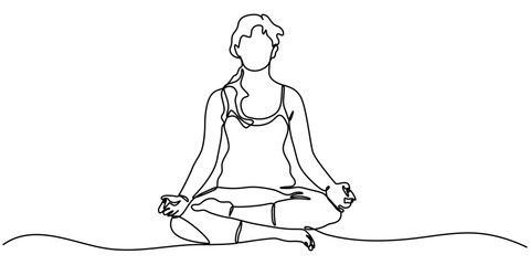Woman sitting in lotus pose yoga. Continuous one line drawing, Young girl gymnast. Woman doing yoga exercise continuous line vector illustration, Hand drawn headstand yoga girl, one line art, stylized