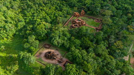 Aerial view of My Son ruin, it is a cluster of abandoned and partially ruined Shaiva Hindu temples in central Vietnam, constructed between the 4th and the 13th century by the Kings of Champa