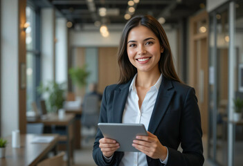Portrait of a Young Hispanic Professional Businesswoman in an Office - Smiling Female Executive, Entrepreneur, or Corporate Leader Holding a Tablet