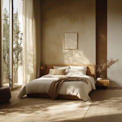 Home interior, modern bedroom, Minimalist bedroom with armchairs, a low-profile bed, and a headboard made from reclaimed wood. with pops of beige in the cushions and throw blankets.