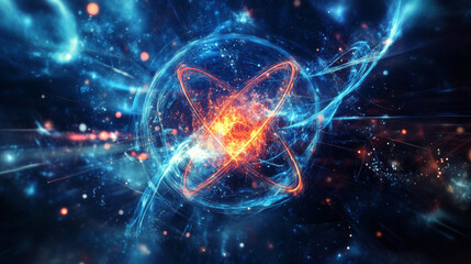 Obraz premium Physics of particles. Silhouette of an atom consists of small circles