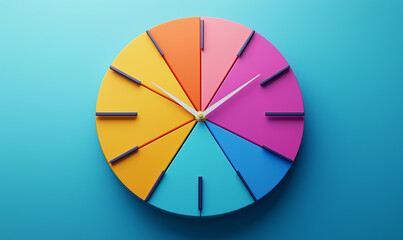 Colorful clock with segmented design on a blue background, representing time and creativity.